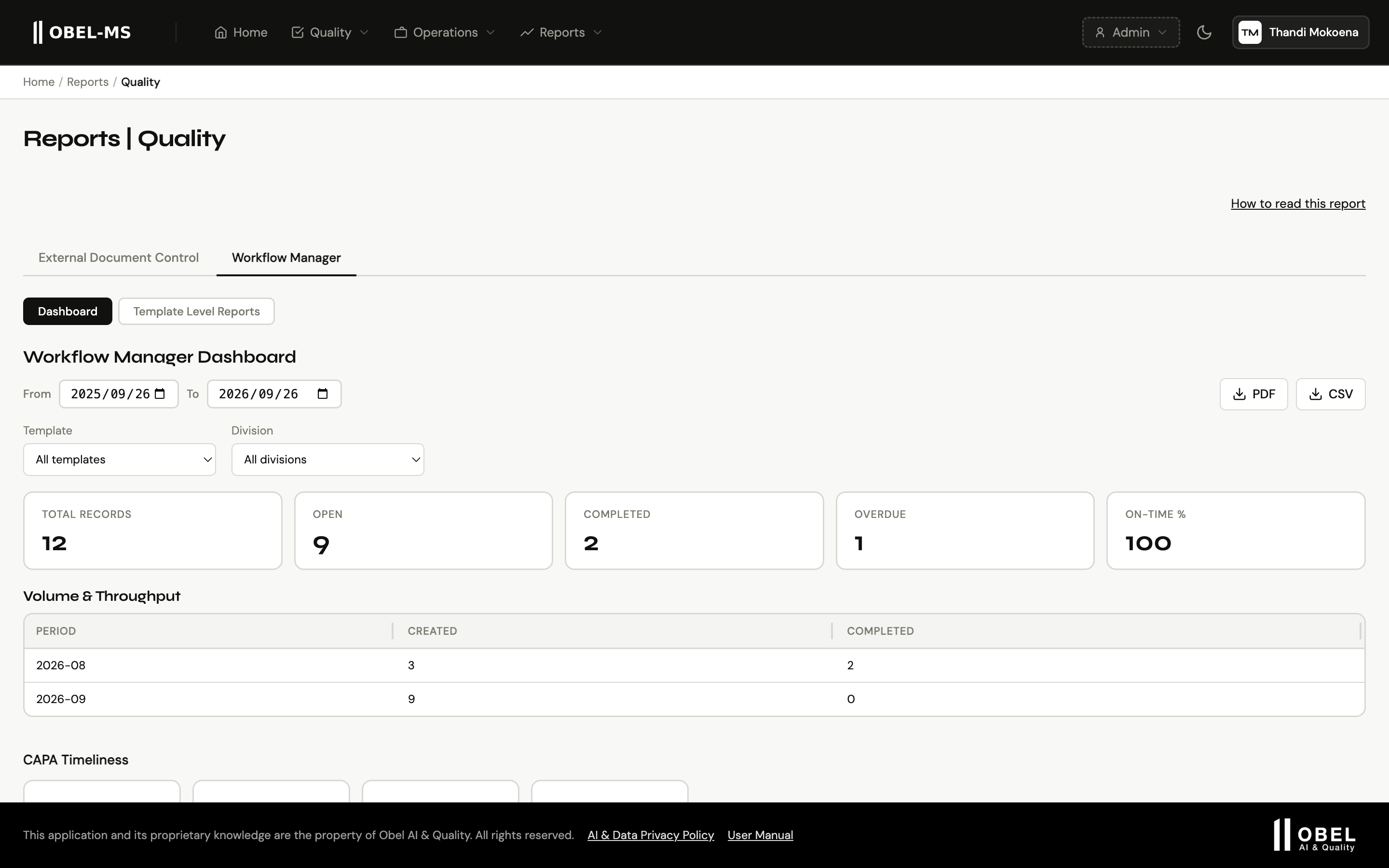 The Workflow Manager quality dashboard with timeliness, effectiveness and severity charts