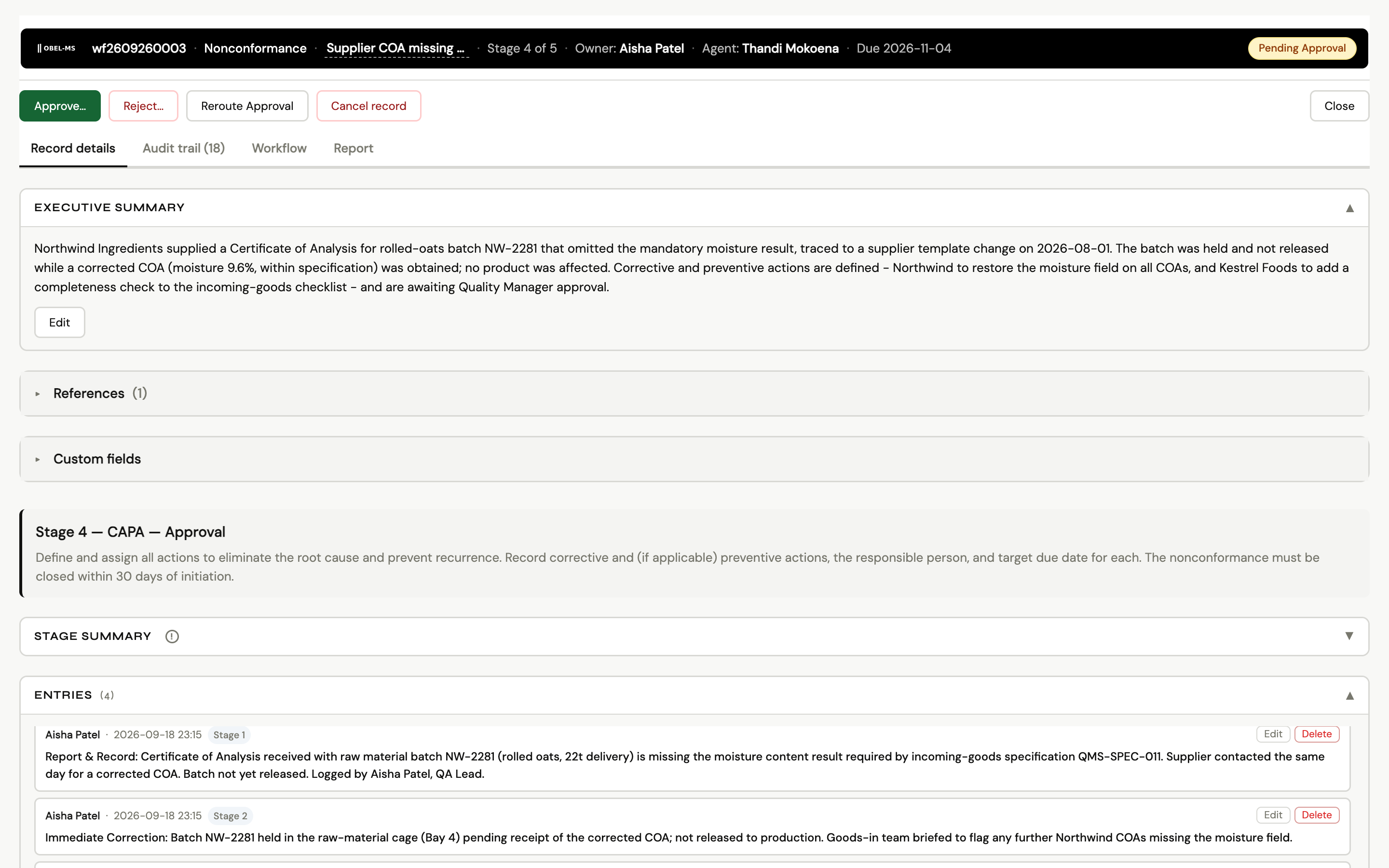 A nonconformance record waiting for approval, with the stage header, the entries and the Approve and Reject buttons