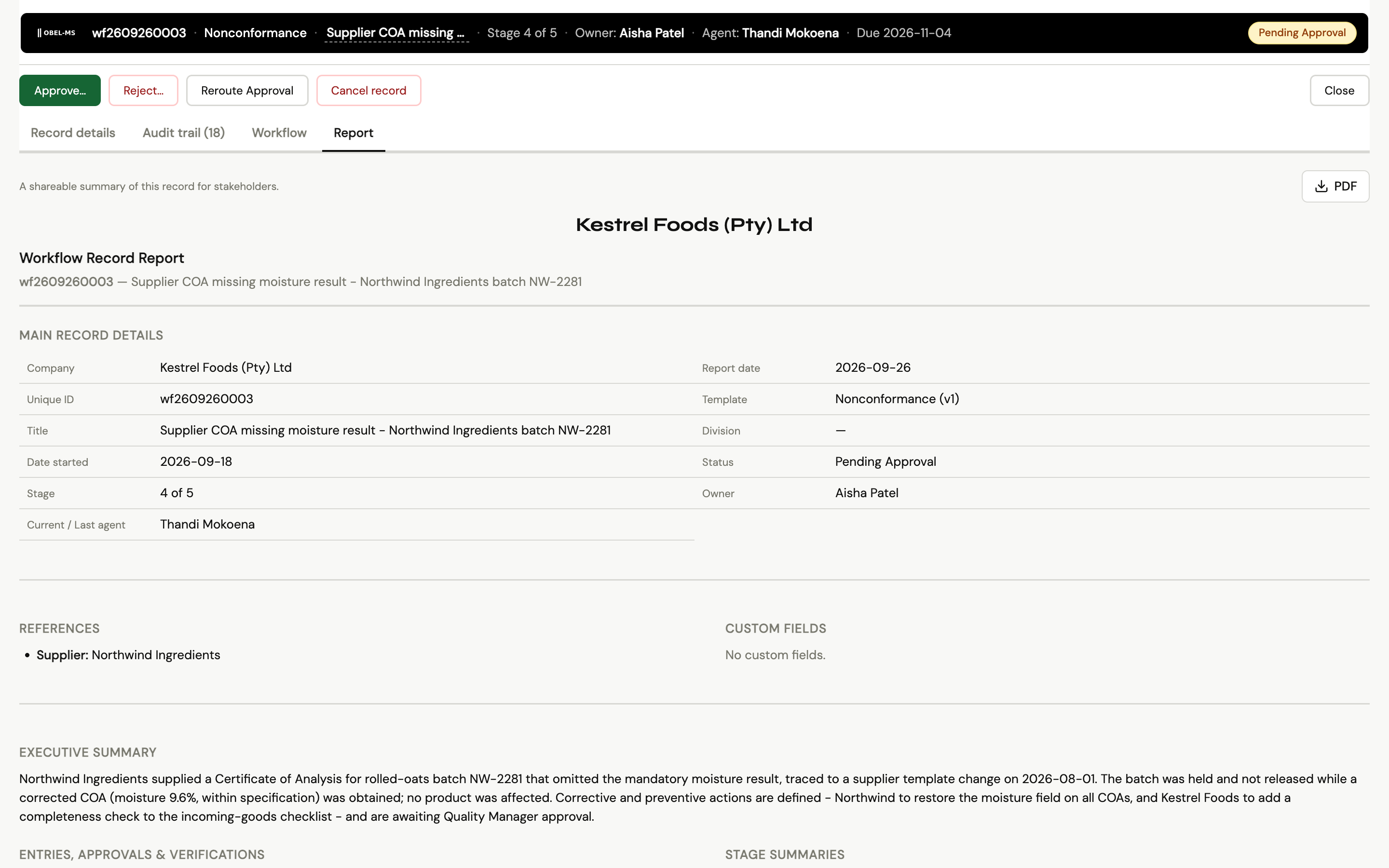 The report of a nonconformance record, with its main details, references and executive summary