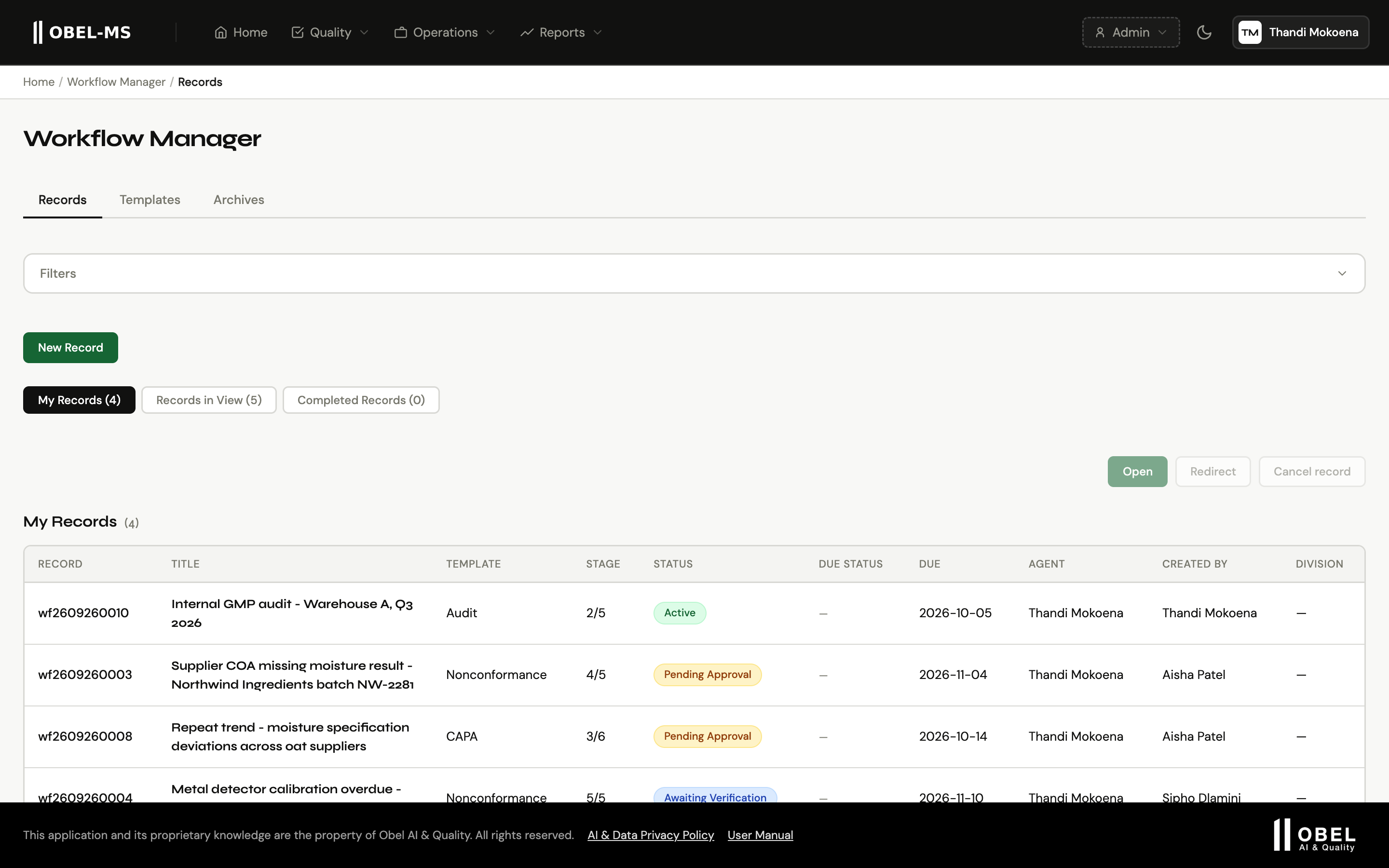 Workflow Manager records list with audit, nonconformance and CAPA records at different stages