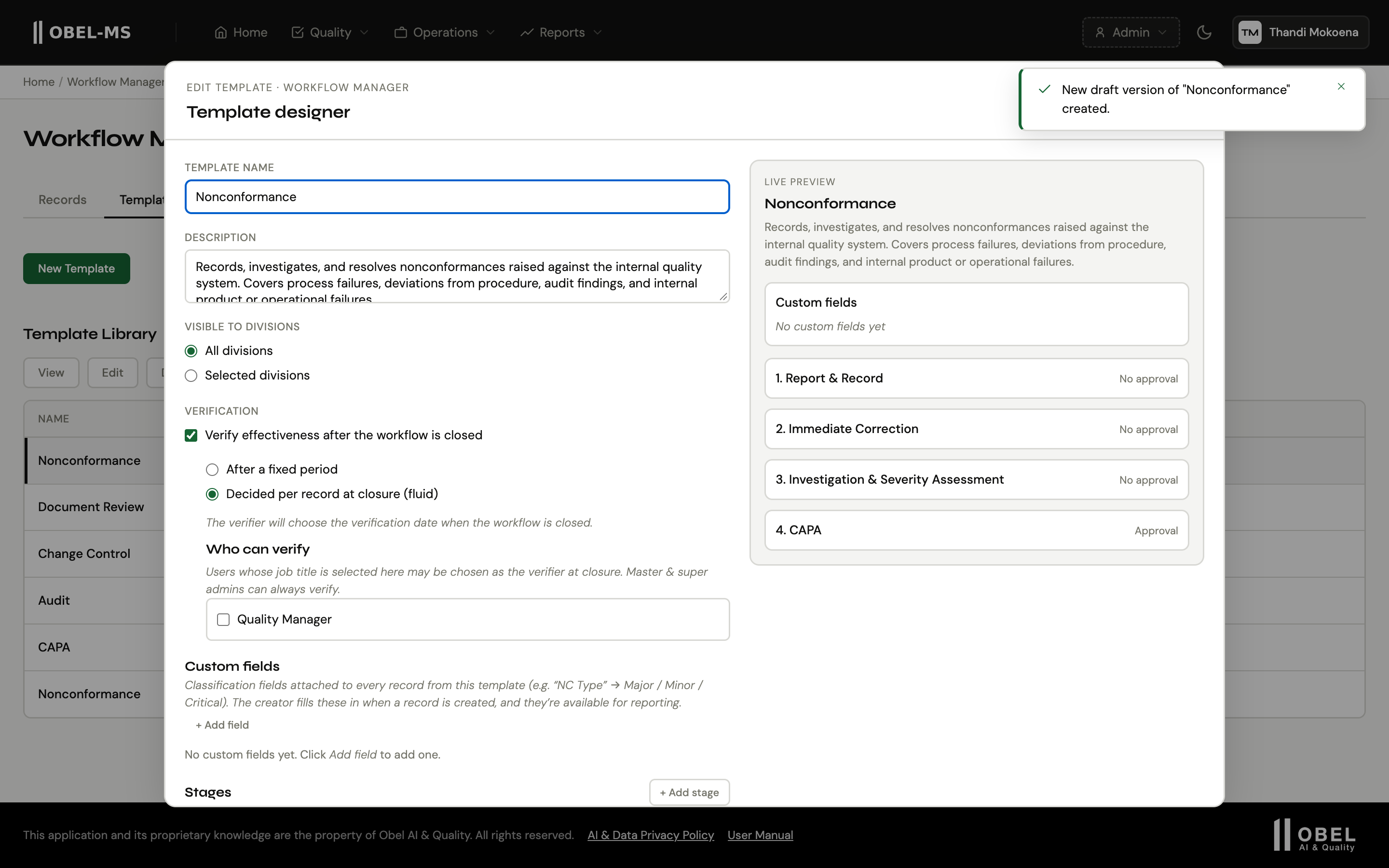 The template designer, with each stage's deadline, instructions and approval settings